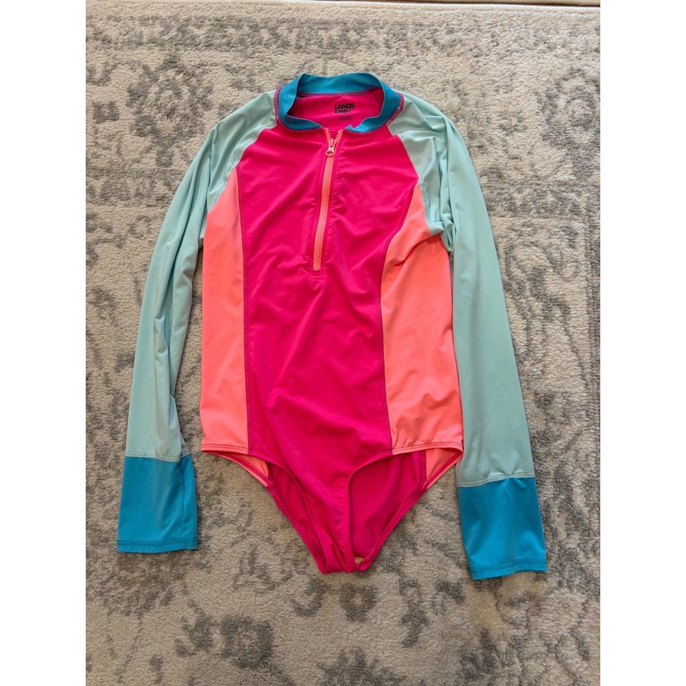 Lands End Girls Size 16 Long Sleeve Rash Guard One Piece Swimsuit Colorblock